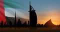 United Arab Emirates flag and Dubai skyline view at sunset. UAE celebration. Royalty Free Stock Photo