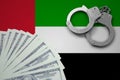 United Arab Emirates flag with handcuffs and a bundle of dollars. The concept of illegal banking operations in US currency