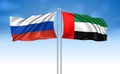 United Arab Emirates Flag with Russia Flag with cloudy sky Royalty Free Stock Photo