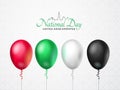 United Arab Emirates Happy National Day greeting card. 2 december. Balloons with emirate flag colors, isolated on white background Royalty Free Stock Photo