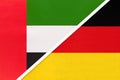 United Arab Emirates or UAE and Germany, symbol of national flags from textile. Championship between two countries