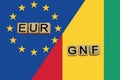 United Europe and Guinea currencies codes on national flags background