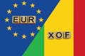United Europe and Mali currencies codes on national flags background