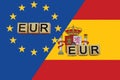 United Europe and Spain currencies codes on national flags background