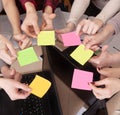 United hands stickers lesson school table computer business team work space top view class mate group Royalty Free Stock Photo