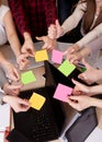 United hands stickers lesson school table computer business team work space top view class mate group Royalty Free Stock Photo