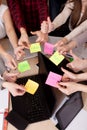 United hands stickers lesson school table computer business team work space top view class mate group Royalty Free Stock Photo