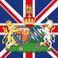 United Kindom, year 2020 - Harry and Meghan family coat of arms on the british flag