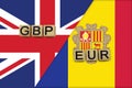 United Kingdom and Andorra currencies codes on national flags background