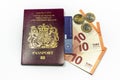 United Kingdom biometric passport and euro currency Royalty Free Stock Photo