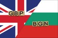United Kingdom and Bulgaria currencies codes on national flags background