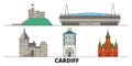 United Kingdom, Cardiff flat landmarks vector illustration. United Kingdom, Cardiff line city with famous travel sights