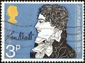 UNITED KINGDOM - CIRCA 1971: A stamp printed in United Kingdom shows John Keats 150th death anniversary, circa 1971.