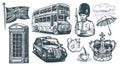 United Kingdom concept. England, London set. Hand drawn collection of illustrations in vintage engraving sketch style Royalty Free Stock Photo