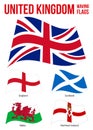 United Kingdom Countries Waving Flags Collection. Flag of England Northern Ireland, Wales & Scotland Royalty Free Stock Photo