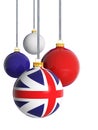 United kingdom flag ball and Christmas baubles hanging isolated on white background