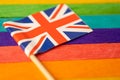 United Kingdom flag on rainbow background symbol of LGBT gay pride month  social movement rainbow flag is a symbol of lesbian, gay Royalty Free Stock Photo