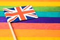 United Kingdom flag on rainbow background symbol of LGBT gay pride month  social movement rainbow flag is a symbol of lesbian, gay Royalty Free Stock Photo