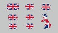 United Kingdom flags set. Various designs on gray background. Map. World flags. Collection of national symbols. Royalty Free Stock Photo