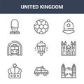 9 united kingdom icons pack. trendy united kingdom icons on white background. thin outline line icons such as london bridge, Royalty Free Stock Photo