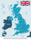 United Kingdom map, flag and navigation labels - illustration. Royalty Free Stock Photo