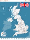 United Kingdom map, flag, navigation labels, roads - illustration. Steel blue. Royalty Free Stock Photo