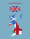 United kingdom map with flags of England, Scotland, Northern Ireland, Wales and Union Jack illustration Royalty Free Stock Photo