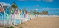 2016 United Kingdom Mersea colorful houses on the coast. Beautiful wide beach with interesting buildings Royalty Free Stock Photo