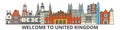 United Kingdom outline skyline, british flat thin line icons, landmarks, illustrations. United Kingdom cityscape