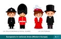 United Kingdom. Policewoman, royal guard, victorians. English men and women in national dress. Royalty Free Stock Photo