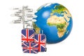 United Kingdom travel concept. Suitcases with British flag, sign