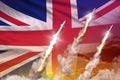 Modern strategic rocket forces concept on sunset background, United Kingdom UK ballistic missile attack - military industrial 3D