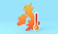 United Kingdom weather summer heatwave. Uk map with a thermometer. 3d rendering