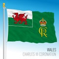 Cipher of the Charles Third Coronation on the welsh flag, UK, vector illustration