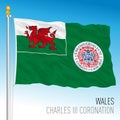 Emblem of the Charles Third Coronation on the welsh flag, UK, vector illustration