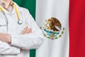 United Mexican States healthcare concept with doctor on flag background. Medical insurance, work or study in the country