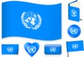 United Nations flag wave, book, circle, pin, button, heart and sticker. Royalty Free Stock Photo