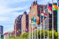 United Nations Headquarters with flags of members of the UN Royalty Free Stock Photo