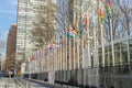 United Nations Headquarters in Manhattan. Flags of All Nations Waving in Front of the Building. New York City Royalty Free Stock Photo