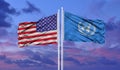 United Nations and Usa flag waving in the wind against white cloudy blue sky together. Diplomacy concept, international relations Royalty Free Stock Photo