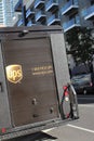 Back of UPS Truck on Los Angeles Street From Amazon Delivery Truck Royalty Free Stock Photo