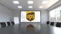 United Parcel Service UPS logo on the screen in a meeting room. Editorial 3D rendering