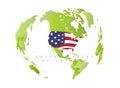 United Satates of America on green map, state in the center of the earth, fisheye effect. Isolated vector illustration