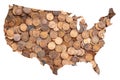 United Sates of America USA Map and Money Concept, Piles of One Cent Coins, Pennies Royalty Free Stock Photo