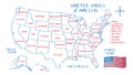 United State of America vector map isolated on white background. Red and Blue line freehand drawing doodle style with name. Royalty Free Stock Photo