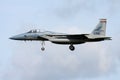 United States Air Force USAF McDonnell Douglas F-15C Eagle 82-0016 fighter jet arrival and landing at Leeuwarden Air Base for Royalty Free Stock Photo