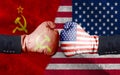 United States of America against USSR boxing gloves, USA vs. USSR concept half flags together