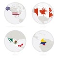 United States of America, Canada, Mexico, Colombia map contour and national flag in a circle Royalty Free Stock Photo