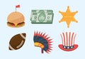 United states of america culture set. Juicy burger with red flag packs100 dollar bills golden sheriffs star rugby ball