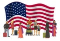 United States of America emigration vector illustration. Different races and nationalities people with suitcases go to